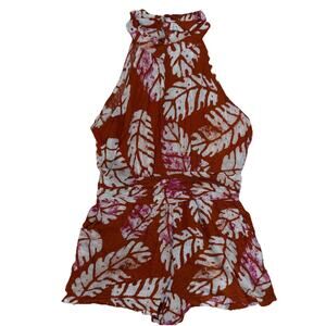 Nicole Miller Women's Tropical Print High Neck Romper Size Medium Palm Leaves